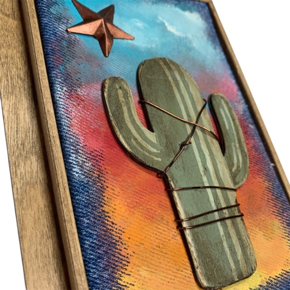 Mixed Media Wall Art Saguaro Cactus Scene Sunset Stars Desert Southwest 6 x 8 - Picture 3 of 4